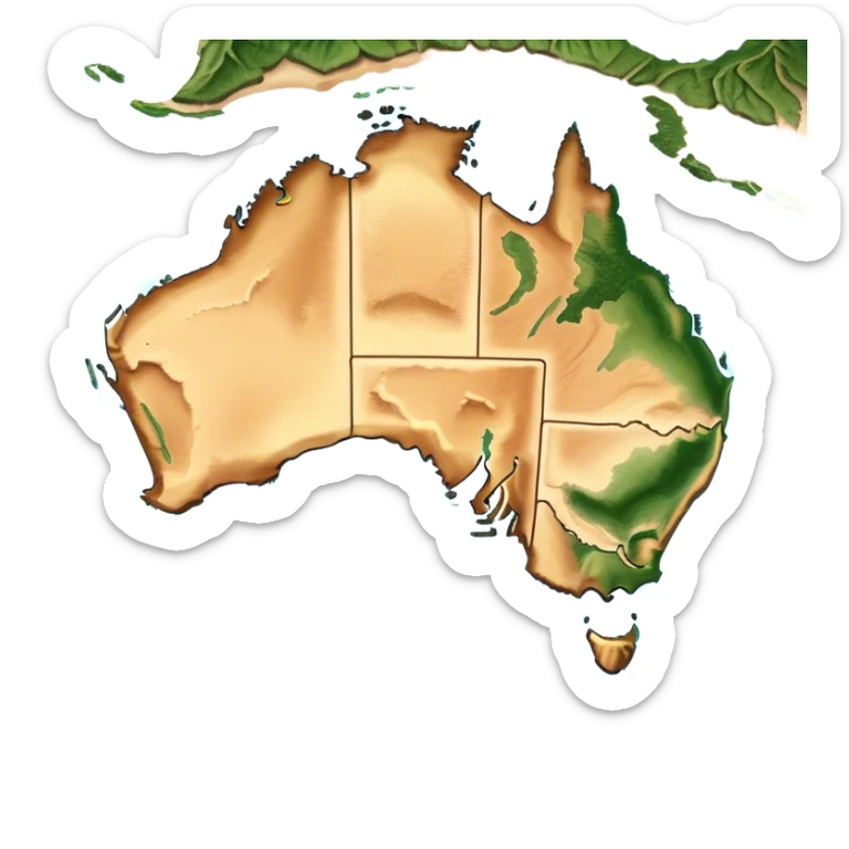 Outline and Landmass of Australia – Cinematic-realistic map of Australia, featuring its distinct coastline and iconic landmass shape. The deep blue ocean surrounds the golden-brown continent, with subtle topographic details highlighting its vast deserts, lush forests, and rugged coastline. A soft glow accentuates the edges, making the shape unmistakable. sticker