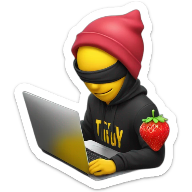 a guy with a strawberry head wearing a thief's outfit, he's in front of a laptop with a mask over his eyes and a thief's cap, on his back he has a yellow thug bag with a dollard sign on it. sticker