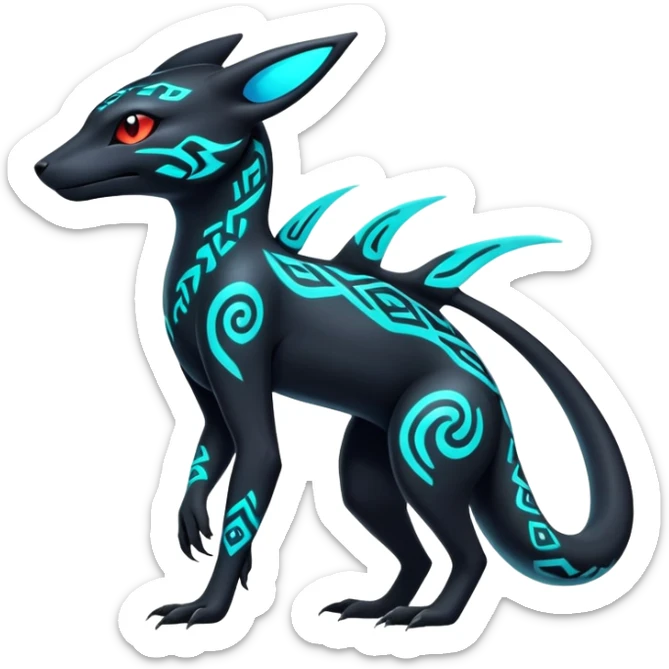 Colorful Neon Exotic Salandit-Aurorus-Umbreon-Fakémon-hybrid-creature (full body) with tribal markings sticker
