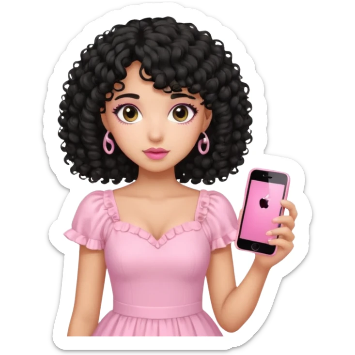 uma menina fofa de pele oliva e cabelos pretos encaracolados e com franja encaracolada e um vestido rosa pastel detalhado e maquiagem levemente rosada enquanto segura um iphone rosa sticker