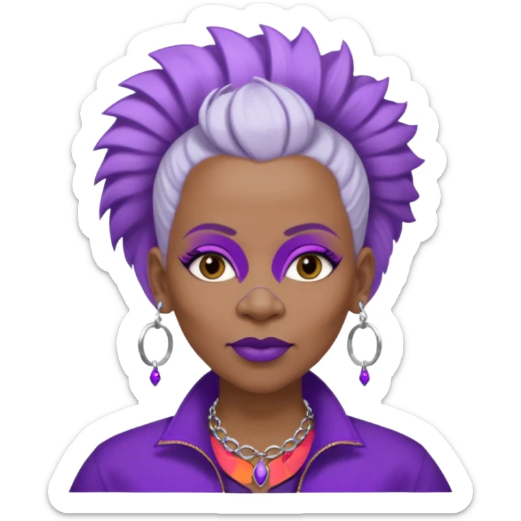 57yr old Qeen black woman with long oval shaped face with a white colored  natural hair mohawk style haircut adorning purple royalty clothing and purle lipstick, with 2 nose ring piercing  sticker