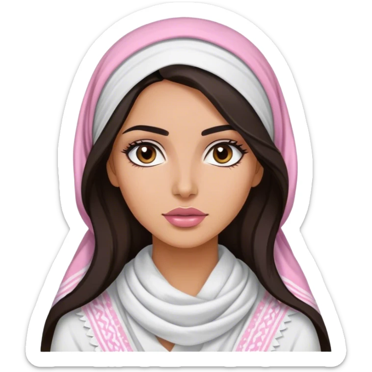 A woman with long, dark hair wears a traditional white keffiyeh, her makeup is well done, with defined eyebrows and soft pink lips  sticker