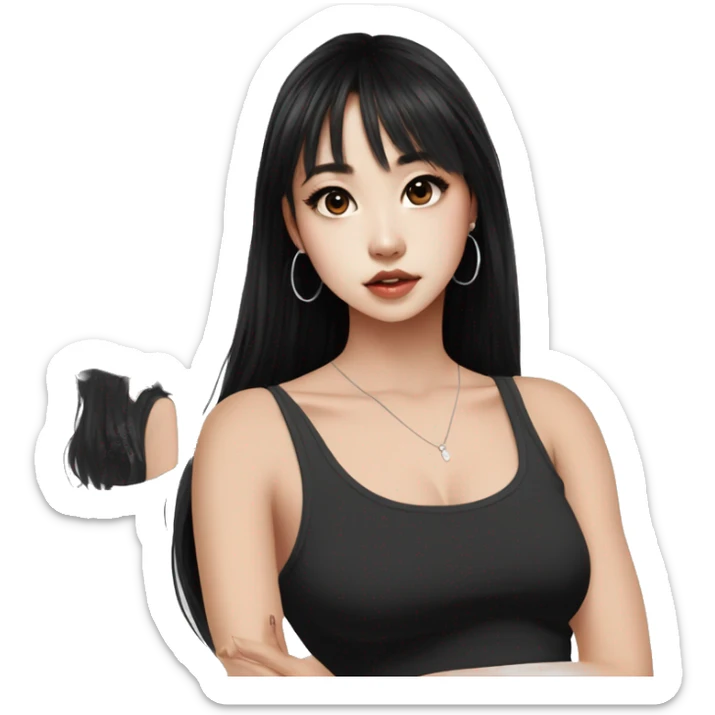 Korean girl, black tank top, black hair, black eyes, layered hair, cool girl, aesthetic, long hair, hime cut, blunt bangs, small silver hoop earrings sticker