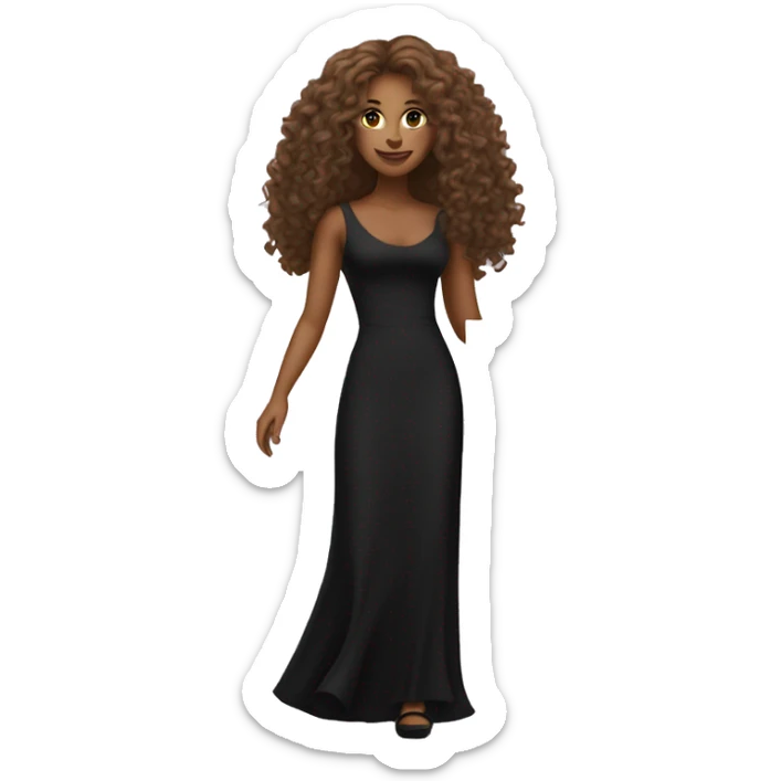 Tan woman with long curly hair in a black dress and heels holding a sign sticker