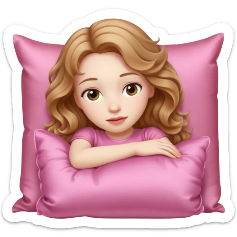 sleeping beauty girl with pale skin and light brown wavy hair with a pink silk pillow sticker