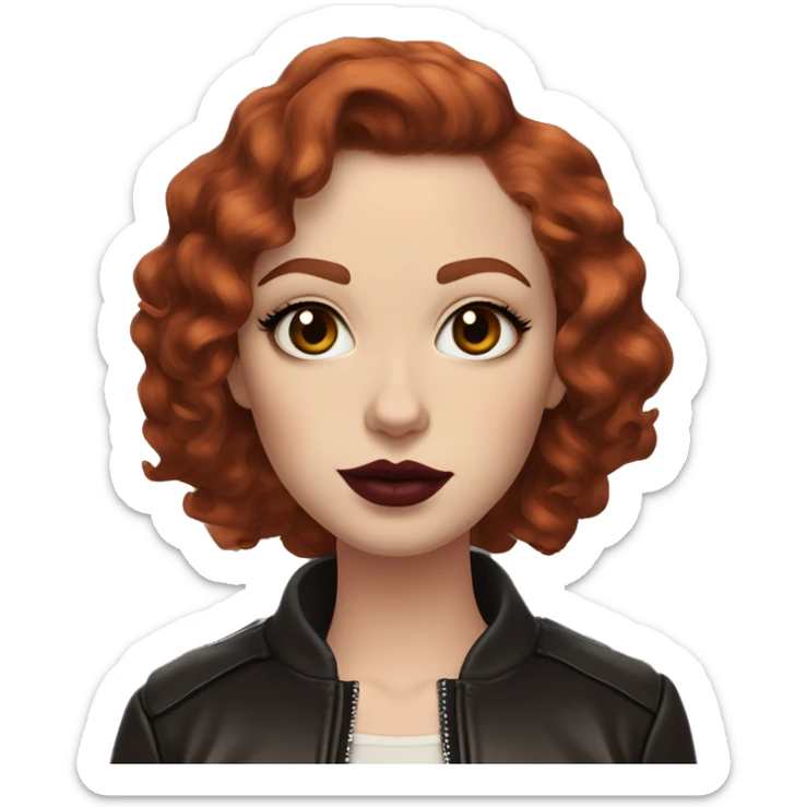 Girl with very pale skin, true red curly short hair with a side part, heavy cat-eye makeup, long eyelashes, dark maroon blush and lipstick.  Her eyebrows are dark, arched and very high.  Hazel eyes. Big lips. Thin. Wearing a leather jacket  sticker