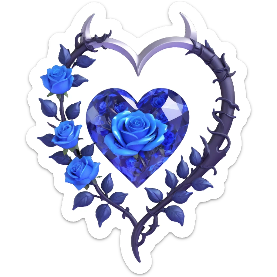 gothic heart made of sapphire glass, silver crescent moon, glowing navy roses, holographic stardust, neon blue lightning, drenched and splintered glass sticker