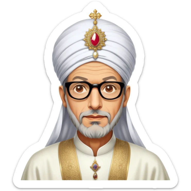 Jeff Goldblum no glasses as a regal portrait dressed as suleiman-the-magnificent,-depicted-as-a-regal-ottoman-sultan-adorned-with-a-large,-white,-round,-tall-turban-and-a-majestic-grey-beard,-his-commanding-gaze-bathed-in-warm,-historic-lighting-that-exudes-time with a large long beard **no glasses** sticker