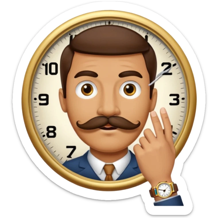 a watch person, a wrist watch with a face (eyes and mouth) in it and the clock hand are positioned to look like a moustache sticker