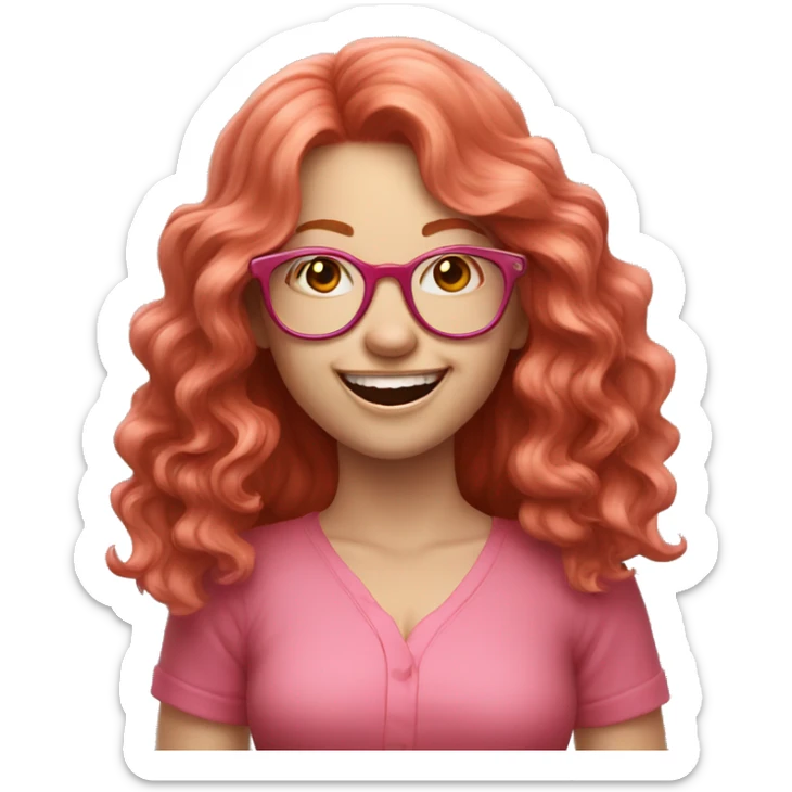 Pale, Long Wavy haired red head, girl with pink circular glasses glasses laughing and pointing sticker