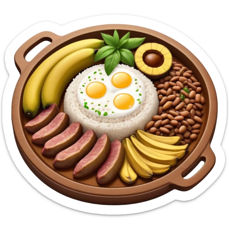 Cinematic Realistic Bandeja Paisa Dish Emoji, depicted as a hearty platter featuring beans, rice, meat, and plantains rendered with detailed textures and vibrant, robust lighting. sticker