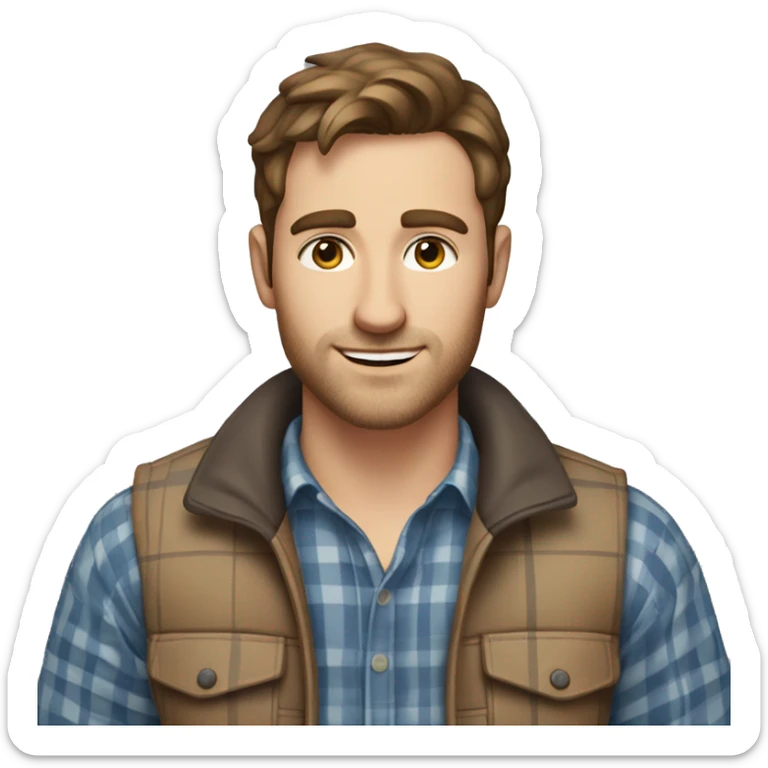a white 30 year old man with brown hair and stubble in a plaid shirt and gilet  sticker