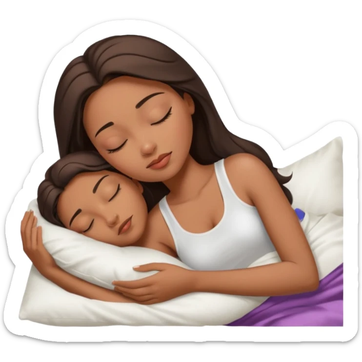 sleeping beauty african american woman with dark brown hair with a white silk pillow, she is sleeping on her side, she is wearing a white tank top sticker