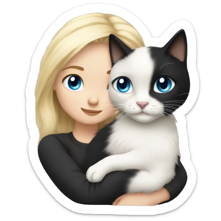 Blonde girl blue eyes snuggling fluffy black and white tuxie cat sticker