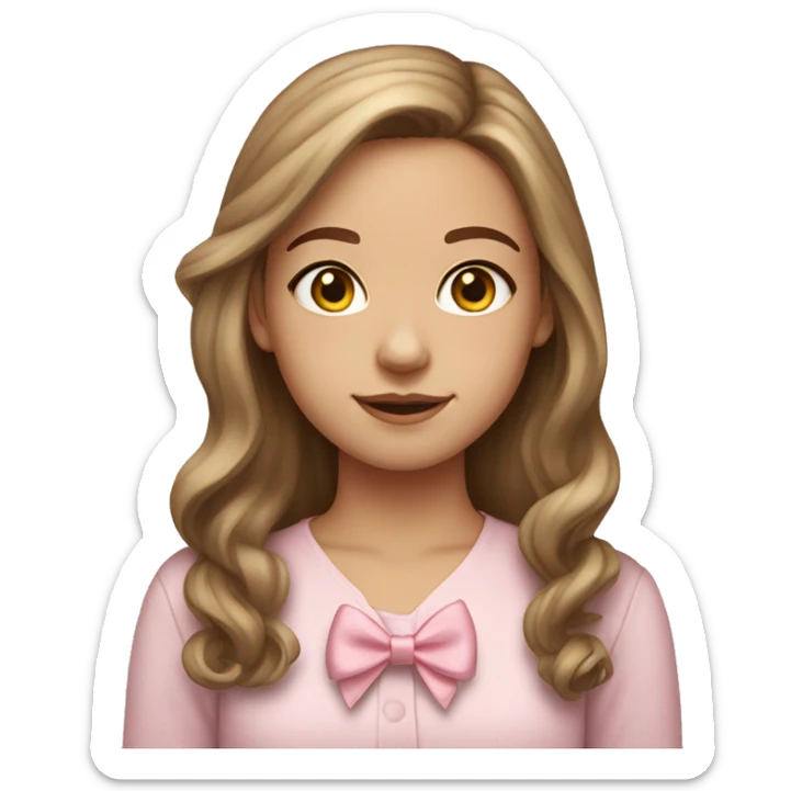 headshot of a light-skinned girl with long brown hair wearing a light-pink bow on her hair sticker