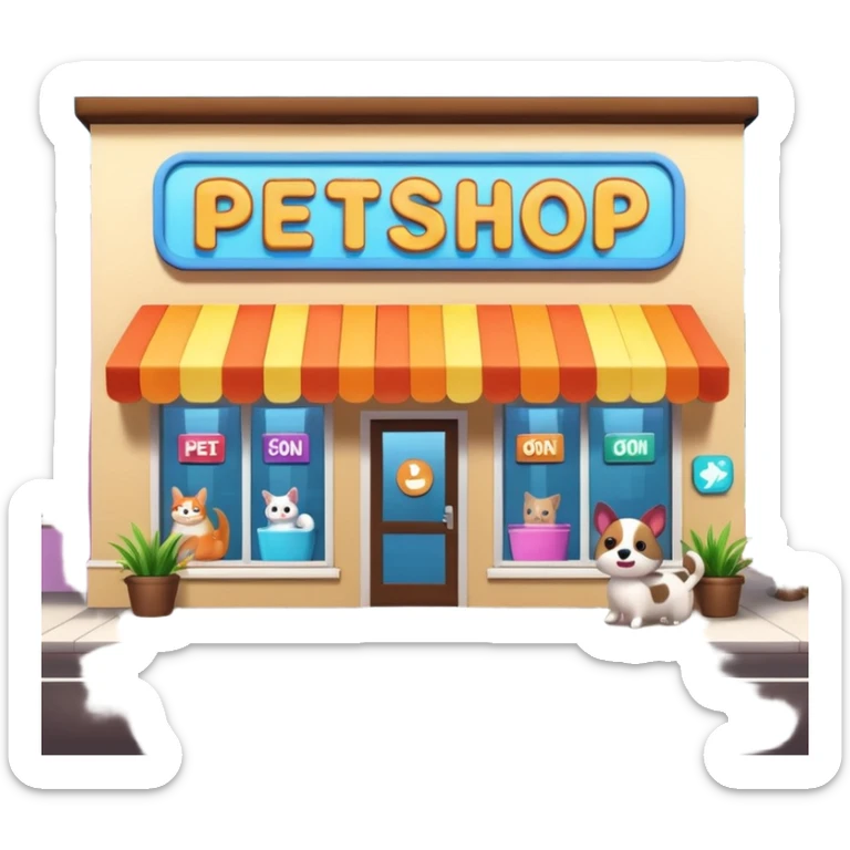 Modern building of a pet shop with a big glowing sign that says PETSHOP on the front. Colorful storefront, large windows showing pet products inside, cute animal illustrations on the walls, warm and friendly atmosphere, daytime, high-quality detailed render sticker