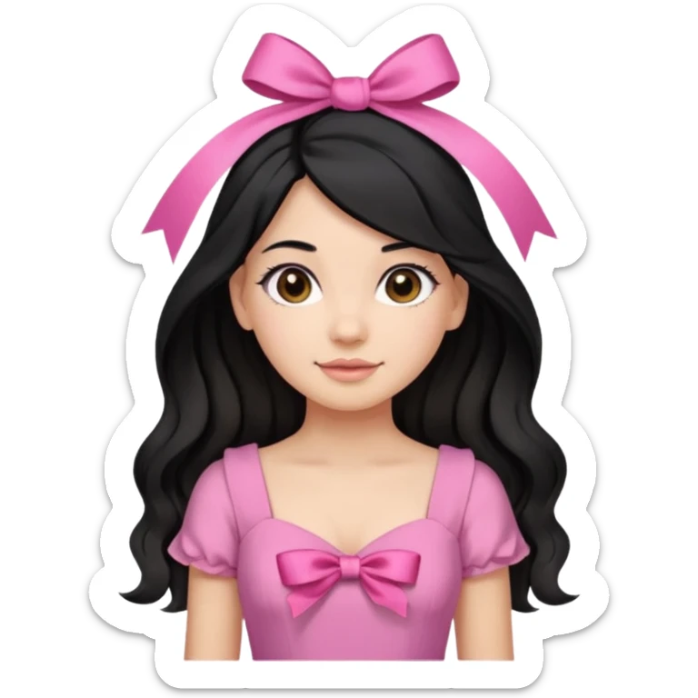 Beautiful girl with black hair in a half-up half-down hairstyle with pink ribbon tying the top half, waves at the ends, brown eyes, light skin, slight smile, and pink dress sticker