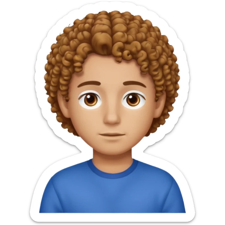 curly hair boy, bronzer skin, hair parted on the right side, brown eyes, blue clothes sticker