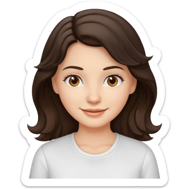 A White girl with wavy and dark hair, light brown eyes and a white shirt smiling sticker