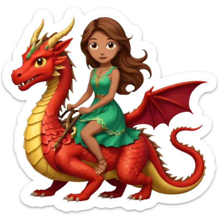 Women with long brown hair and brown eyes riding a dragon showing her full body in pretty dress  sticker