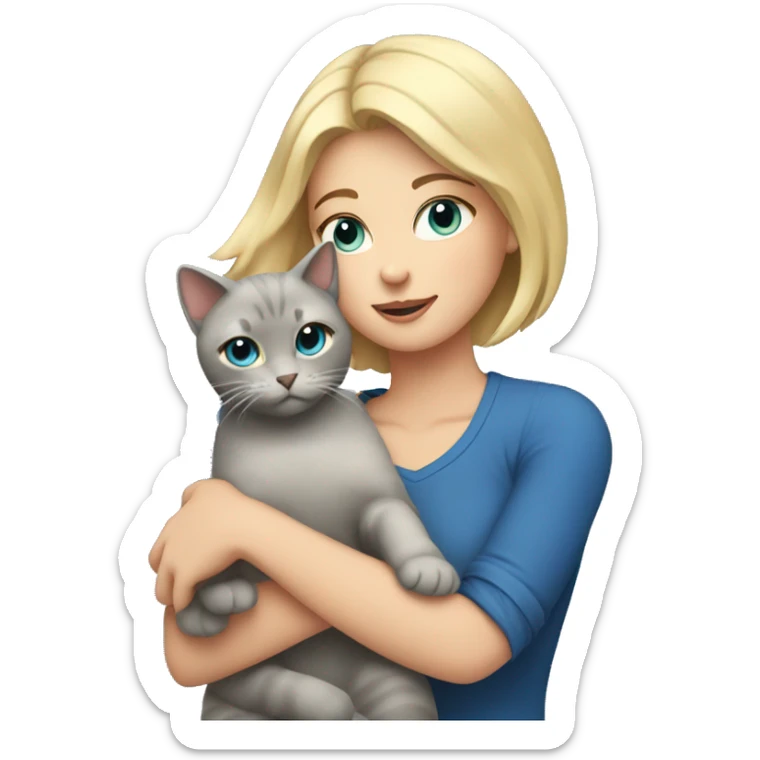 blonde with short hair and blue eyes holds a gray cat in her arms sticker