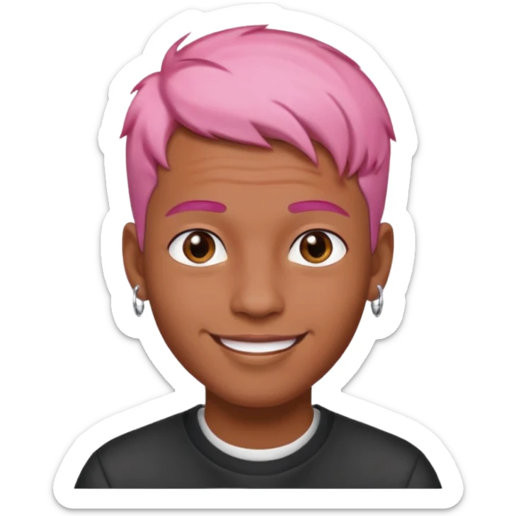 trendy man with brown skin, short pink hair, two earrings, friendly smile, iOS emoji style sticker