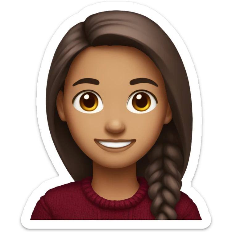 Girl with maroon sweater long brown hair brown eyes and smiling sticker