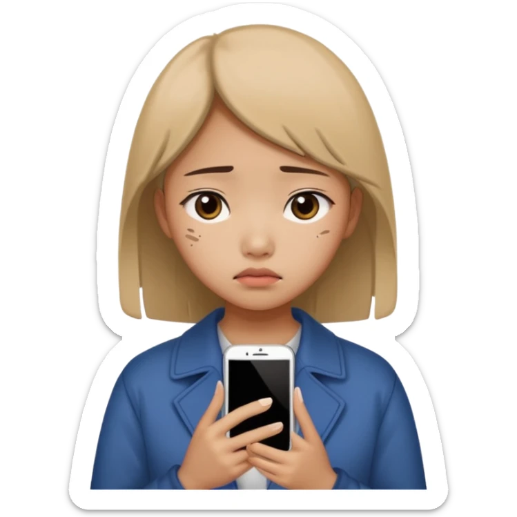 chinese teenage female having Heartbreak - feeling of deep sadness when love ends - holding cellphone sticker