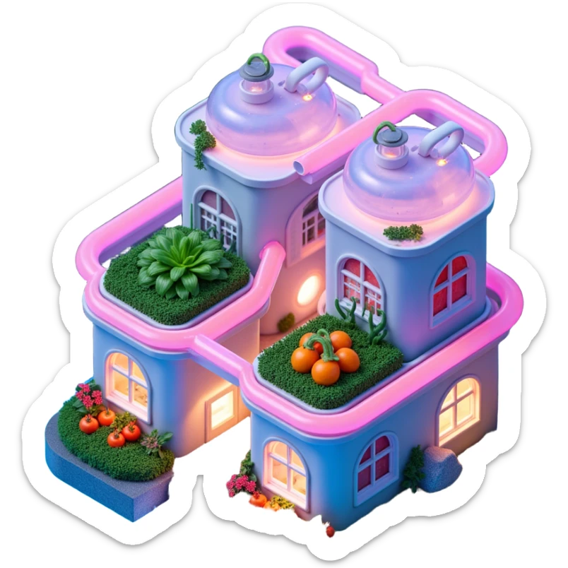 Exterior view of a futuristic farm building with glowing neon pipes and transparent water channels, sleek buildings shaped like nutrient tanks, vegetables and wheat growing in vertical layers, surreal atmosphere, emoji-style, cartoony sticker