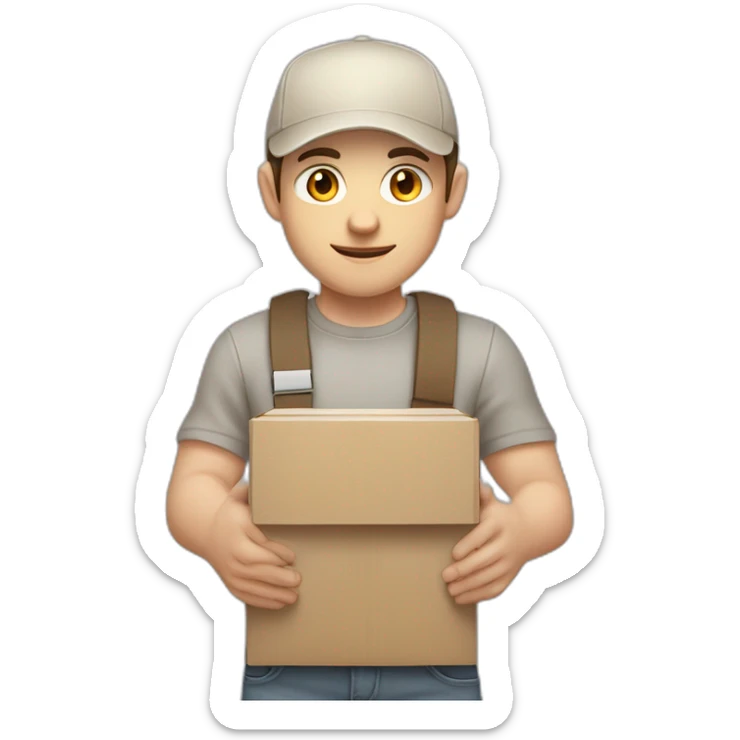 Pale skinned fit Man with dark brown hair in a beige cap, gray jeans, brown polo and white T-shirt keeping a pasted with tape white box into his hands sticker