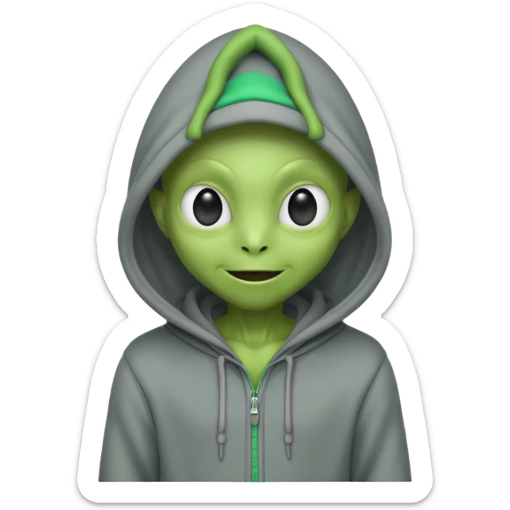 happy green alien in gray hoodie full height, wear hoodie hat sticker