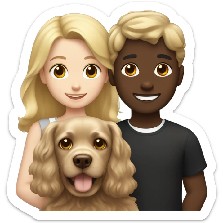 brown hair girl and Blond hair boy holding a black cocker spaniel sticker