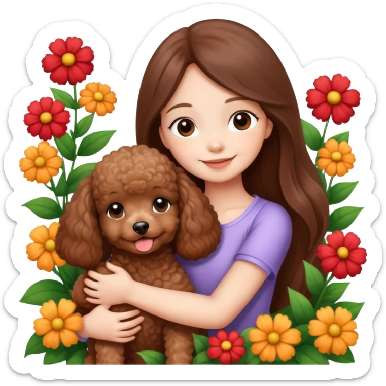 A beautiful girl with long straight hair happily hugs a brown toy  poodle in the flowers sticker
