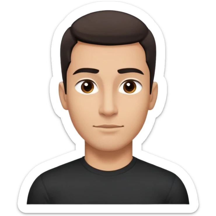 Attractive man in his 40s with youthful appearance, light brown skin, elongated face, defined jawline, medium dark eyes, arched eyebrows, straight nose, handsome friendly expression, short dark hair styled upward, athletic build, wearing a fitted black t-shirt sticker