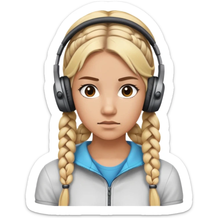 "- Nữ
- 20 tuổi
- Da nâu
- Tóc tết 2 bím, tóc vàng
- Đeo tai nghe
- Mặt nghiêm túc
" sticker