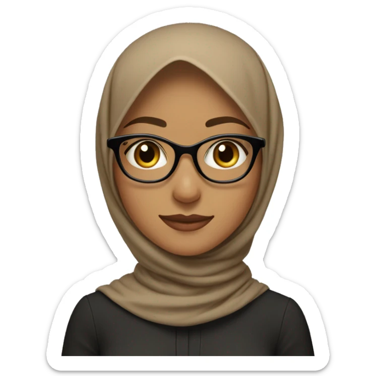 The image depicts a young woman wearing a light brown hijab and clear, round glasses. She is smiling softly, with a natural expression on her face. She is wearing a black outer garment,  sticker