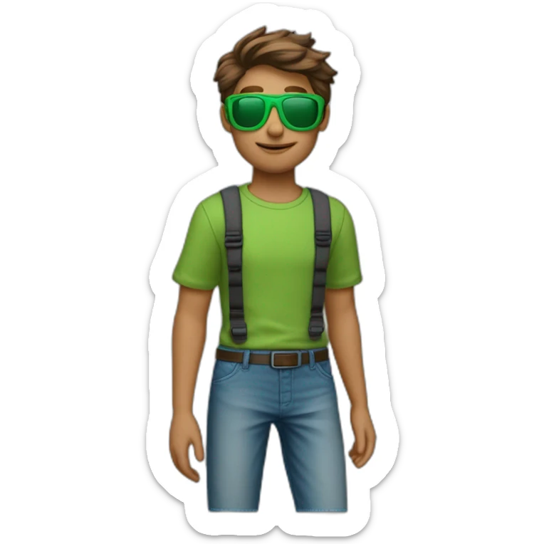 jongen bruin haar zwarte schoenen lichtblauwe baggy broek groene trui zwarte zonnenbril sticker