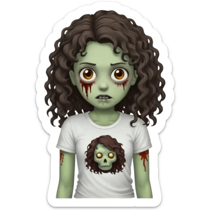 zombie girl with curly hair n brown eyes, dark and long hair 3a with wavy scalp, just a tshirt Ok but less curls and hair under te shoulder sticker