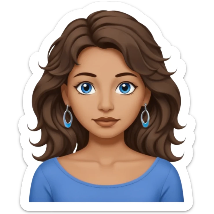 female emoji with long wavy brunette shag hair, blue-grey eyes, boatneck top, septum piercing sticker