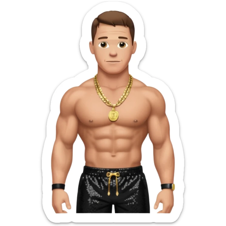 John Cena with black sequin baggy pants, shirtless with necklace, brown hair sticker