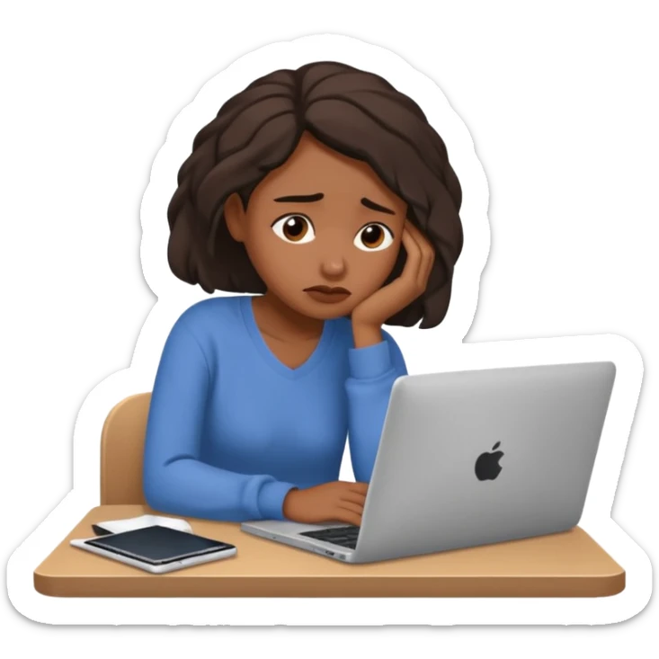 Create an emoji of a tired girl of african american descent, sitting at a laptop, looking exhausted and frustrated. They have slouched posture, representing overwork and burnout. sticker