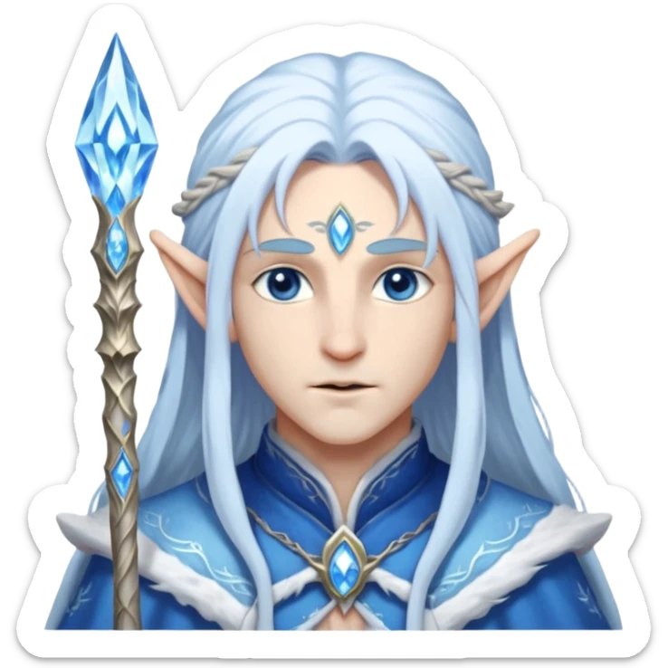 Legendary fantasy Christmas elf portrait icon, Santa Claus and Snow Maiden inspired, ancient winter spirit style, long flowing white-blue hair, glowing frost eyes, crystal staff, elegant elven features, divine winter magic aura, icy silver color palette, highly detailed but clean emoji icon male sticker