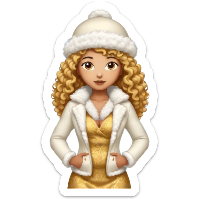 sexy and muscled tanned asian girl, golder curly hair, in winter fluffy white and gold dress-suit, in winter fluffy hat, winter snow and ice around sticker