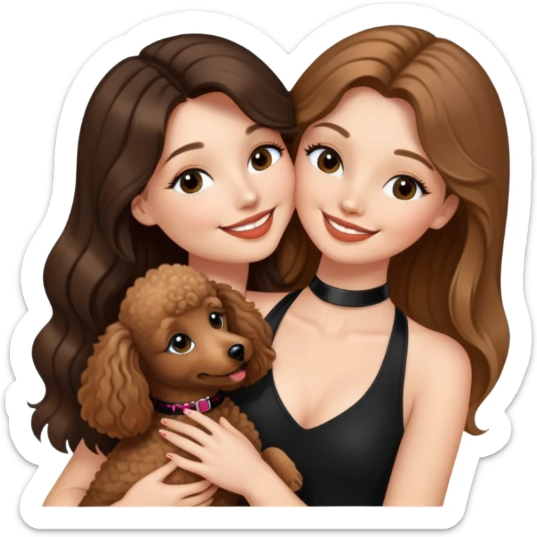 a girl with long balayage straight hair and long lashes, smiling, wearing black halterneck top, and holding and kissing a brown poodle sticker