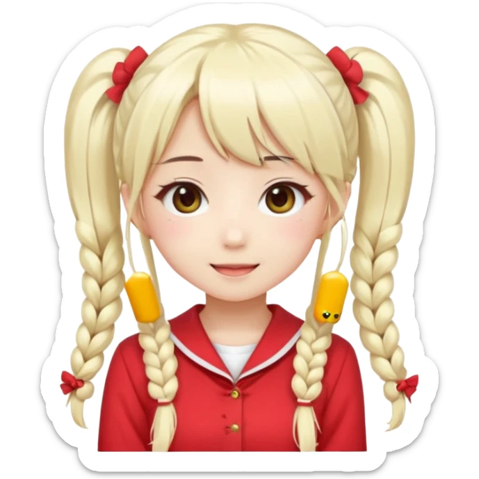 Cute kawaii emoji-style Japanese K-pop girl, long platinum blonde hair in twin tails, red outfit, Japanese K-pop idol vibes, big sparkling eyes, chibi proportions, clean lineart, pastel colors, cheerful idol smile, sticker/emoji style, transparent background sticker