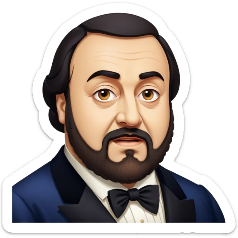 Cinematic Realistic Luciano Pavarotti Portrait Emoji, depicted as a charismatic operatic tenor with expressive eyes and commanding stage presence, rendered with rich elegant textures and warm theatrical lighting that captures his timeless vocal brilliance. sticker