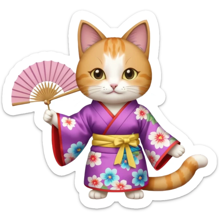 A cat in kimono-style outfit, opening a floral fan with gentle poise. sticker