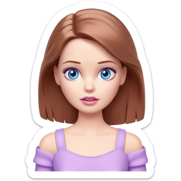 Barbie girl Chestnut Shoulder-length hair and blue eyes is In pale purple clothes a Feels terrified sticker