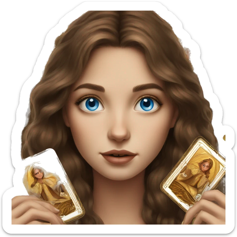 Brown hair blue eyes beautiful girl with brown tarot gold cards sticker