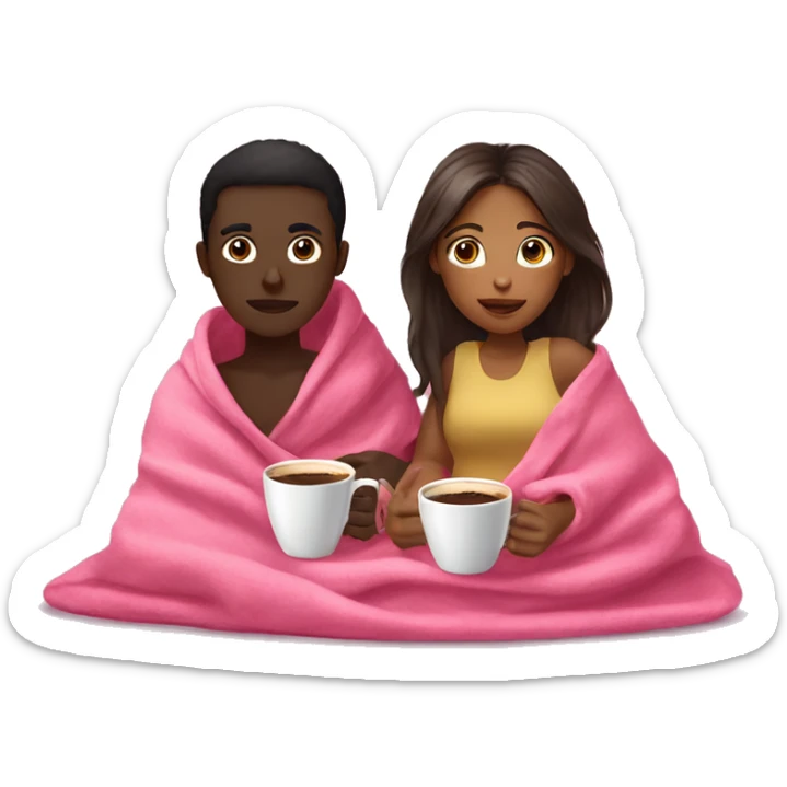Brown SKIN GIRL AND dark SKIN BOY inside a pink blanket sipping coffee sticker